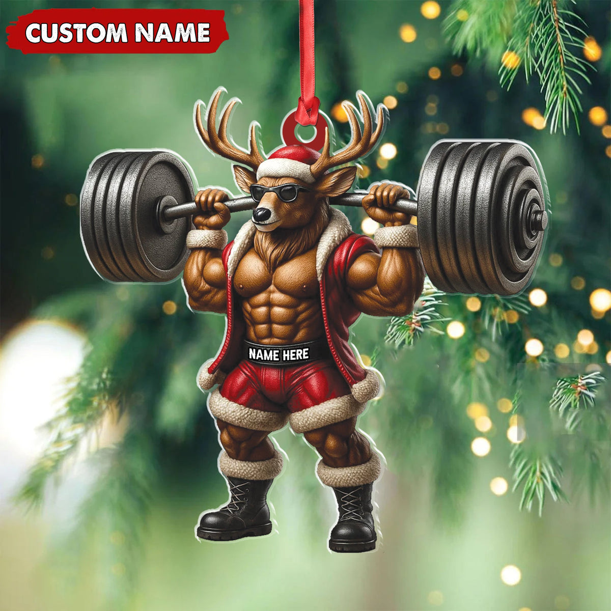 MollyTee Personalized Acrylic Muscle Deer Christmas Ornament - Custom Weightlifting Holiday Decoration - image 4