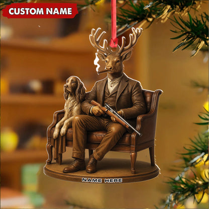 MollyTee Personalized Acrylic Deer Christmas Ornament - Elegant Hunter Buck with Dog Holding Rifle Holiday Decor - image 4