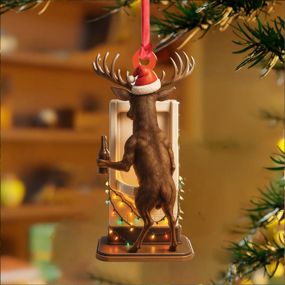 MollyTee Personalized Acrylic Deer Christmas Ornament - Funny Buck with Santa Hat Drinking Beer by Urinal Holiday Decor - image 3