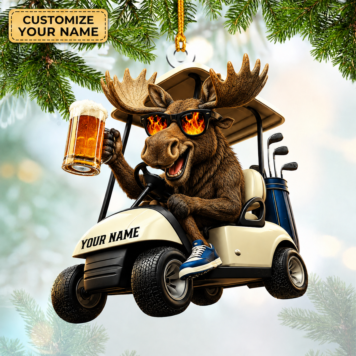 MollyTee Hunting Moose Driving Golf Cart With Beer Customized Name 3D-Look Keychain And Ornament - image 1