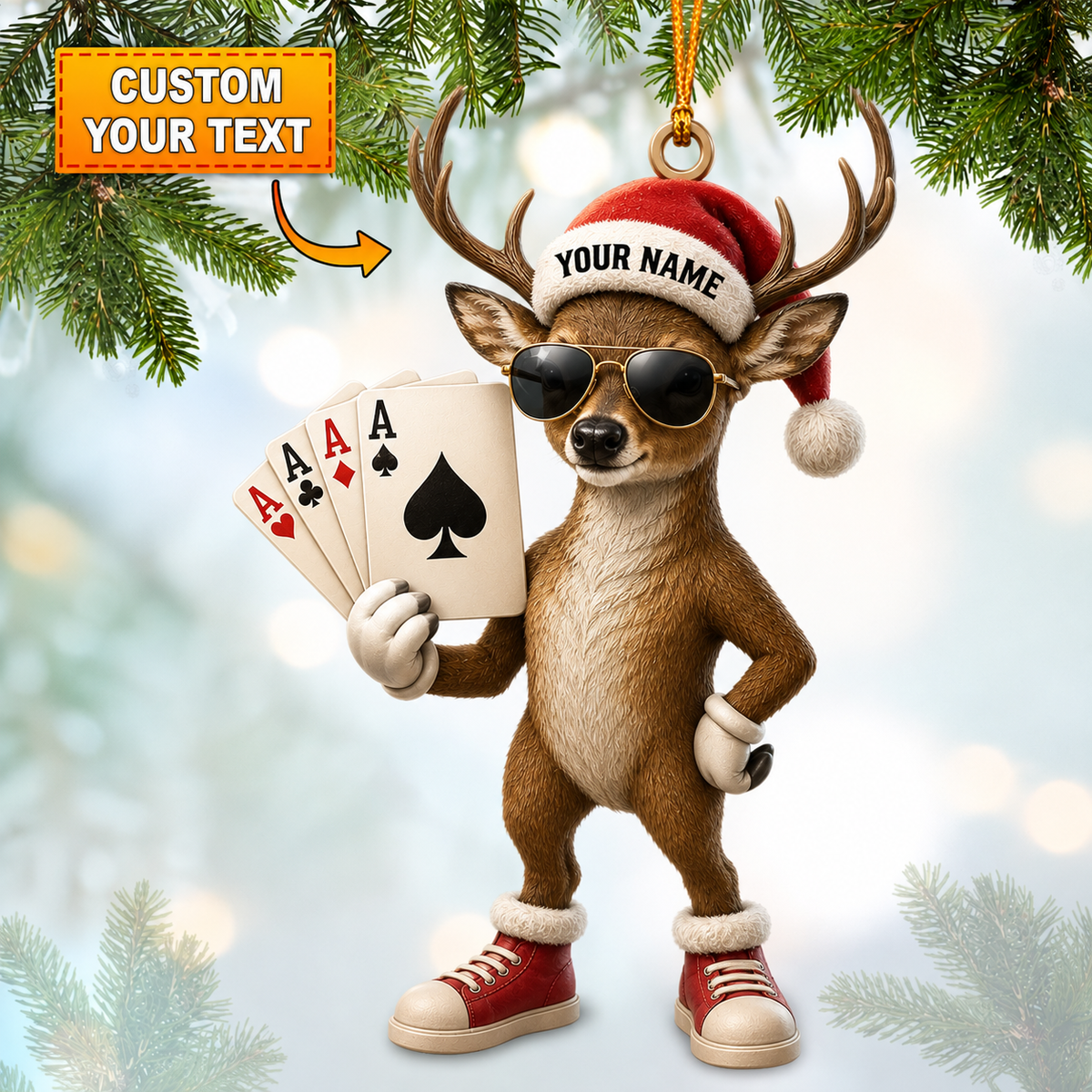 MollyTee Hunting Deer Playing Cards Santa Hat Customized Name 3D-Look Keychain And Ornament - image 1