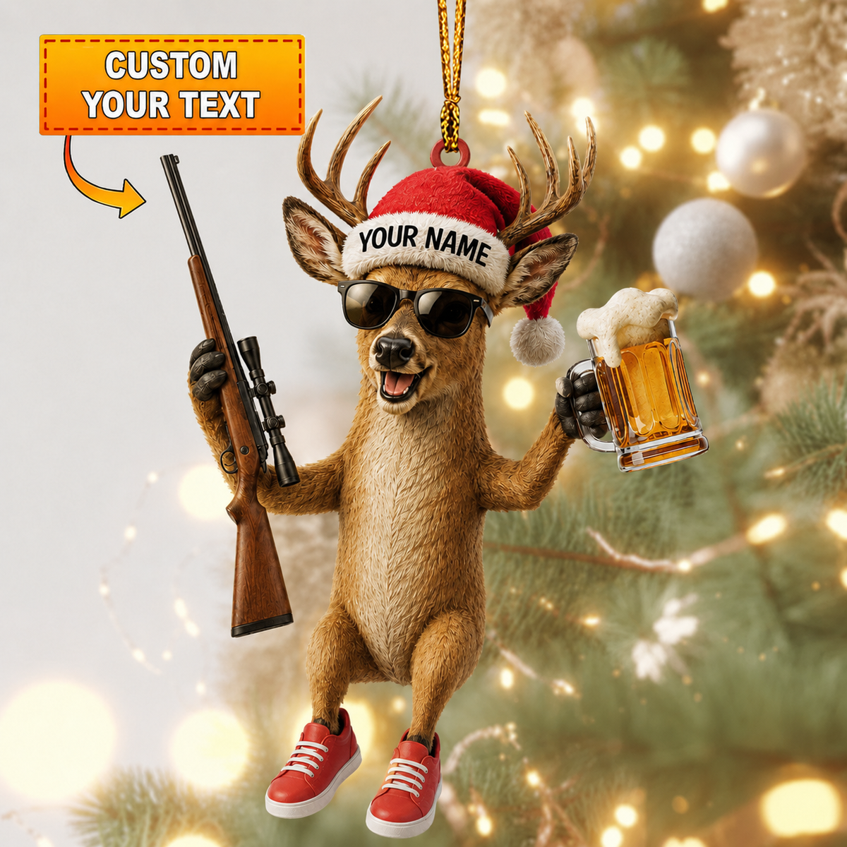 MollyTee Hunting Deer With Rifle And Beer Christmas Customized Name 3D-Look Keychain And Ornament - image 1
