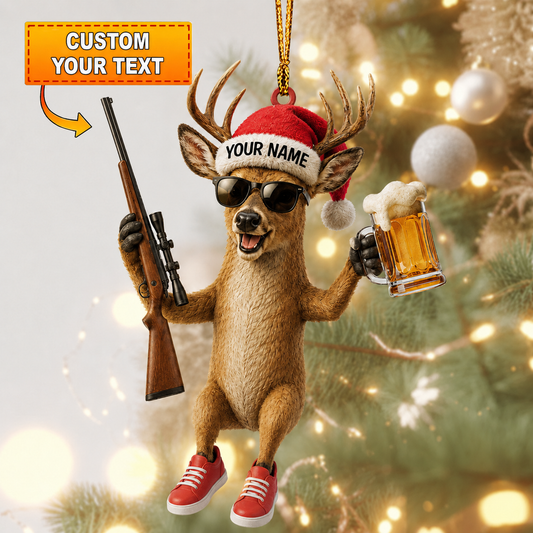 MollyTee Hunting Deer With Rifle And Beer Christmas Customized Name 3D-Look Keychain And Ornament - image 1