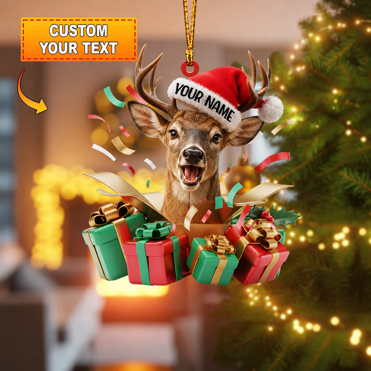 MollyTee Hunting Deer Christmas Gift Box Surprise Customized Name 3D-Look Keychain And Ornament - image 1