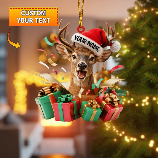 MollyTee Hunting Deer Christmas Gift Box Surprise Customized Name 3D-Look Keychain And Ornament - image 1