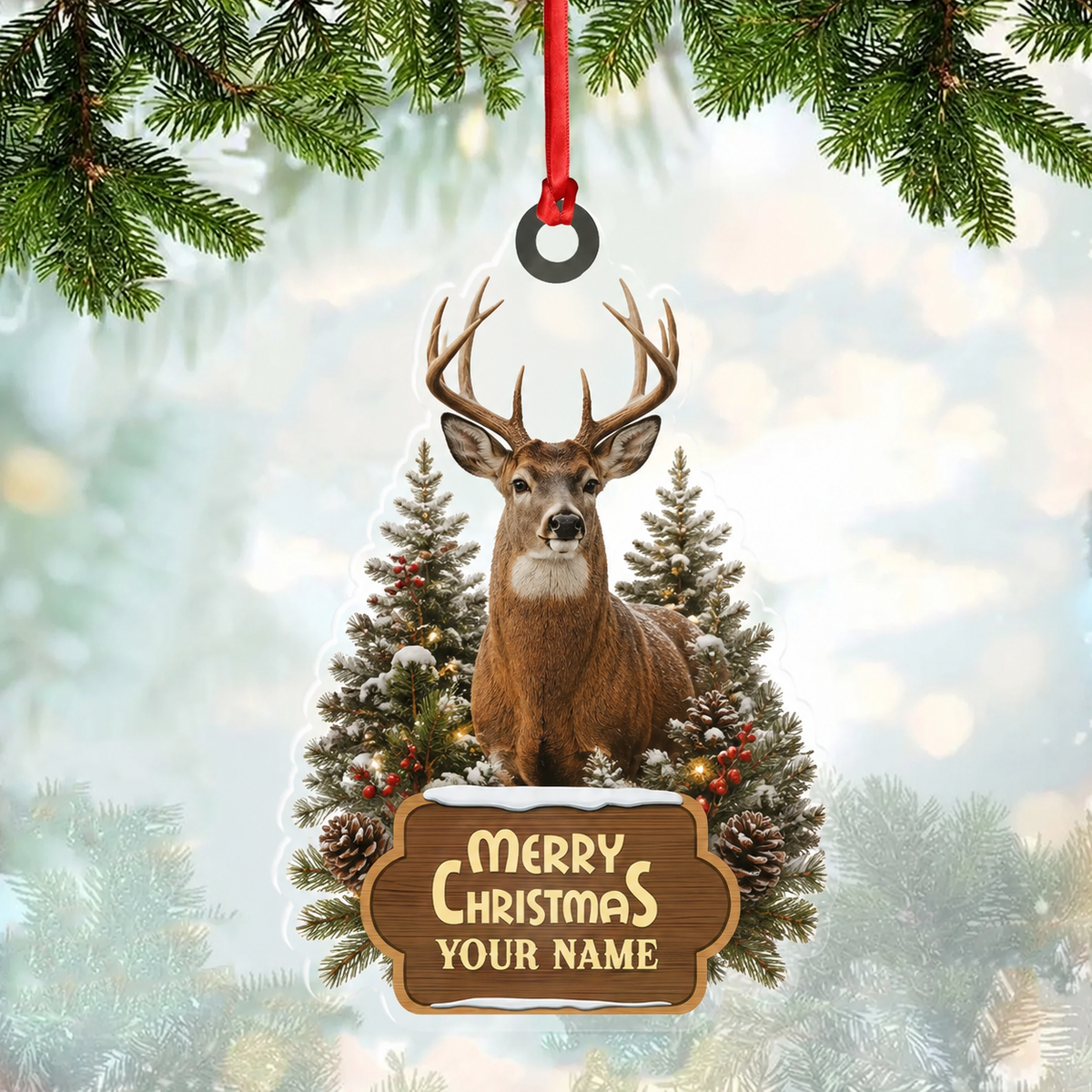 MollyTee Hunting Deer Merry Christmas Forest Customized Name 3D-Look Keychain And Ornament - image 1