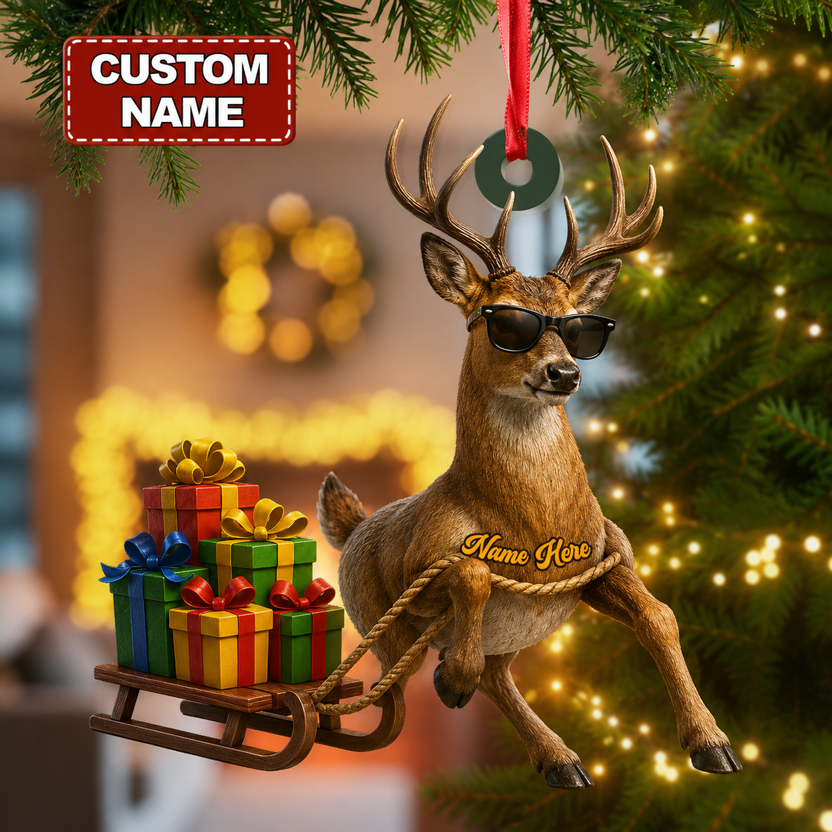 MollyTee Hunting Deer Pulling Christmas Gift Sled Customized Name 3D-Look Keychain And Ornament - image 1