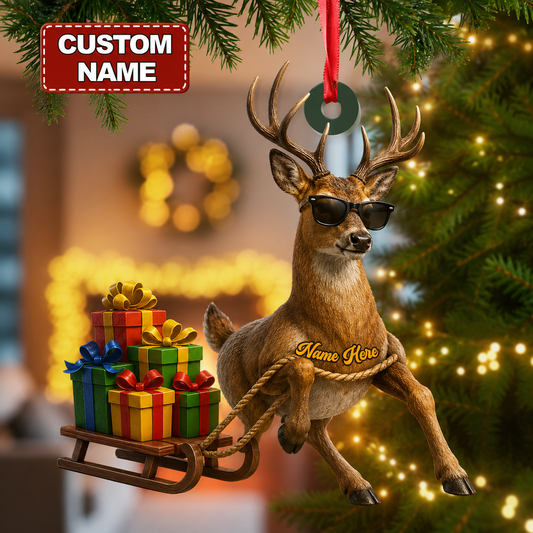 MollyTee Hunting Deer Pulling Christmas Gift Sled Customized Name 3D-Look Keychain And Ornament - image 1