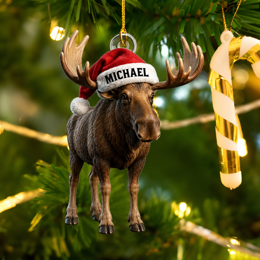 MollyTee Hunting Moose Santa Hat Christmas Customized Name 3D-Look Keychain And Ornament - image 1