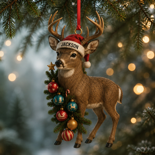 MollyTee Hunting Deer With Christmas Tree Ornaments Customized Name 3D-Look Keychain And Ornament - image 1
