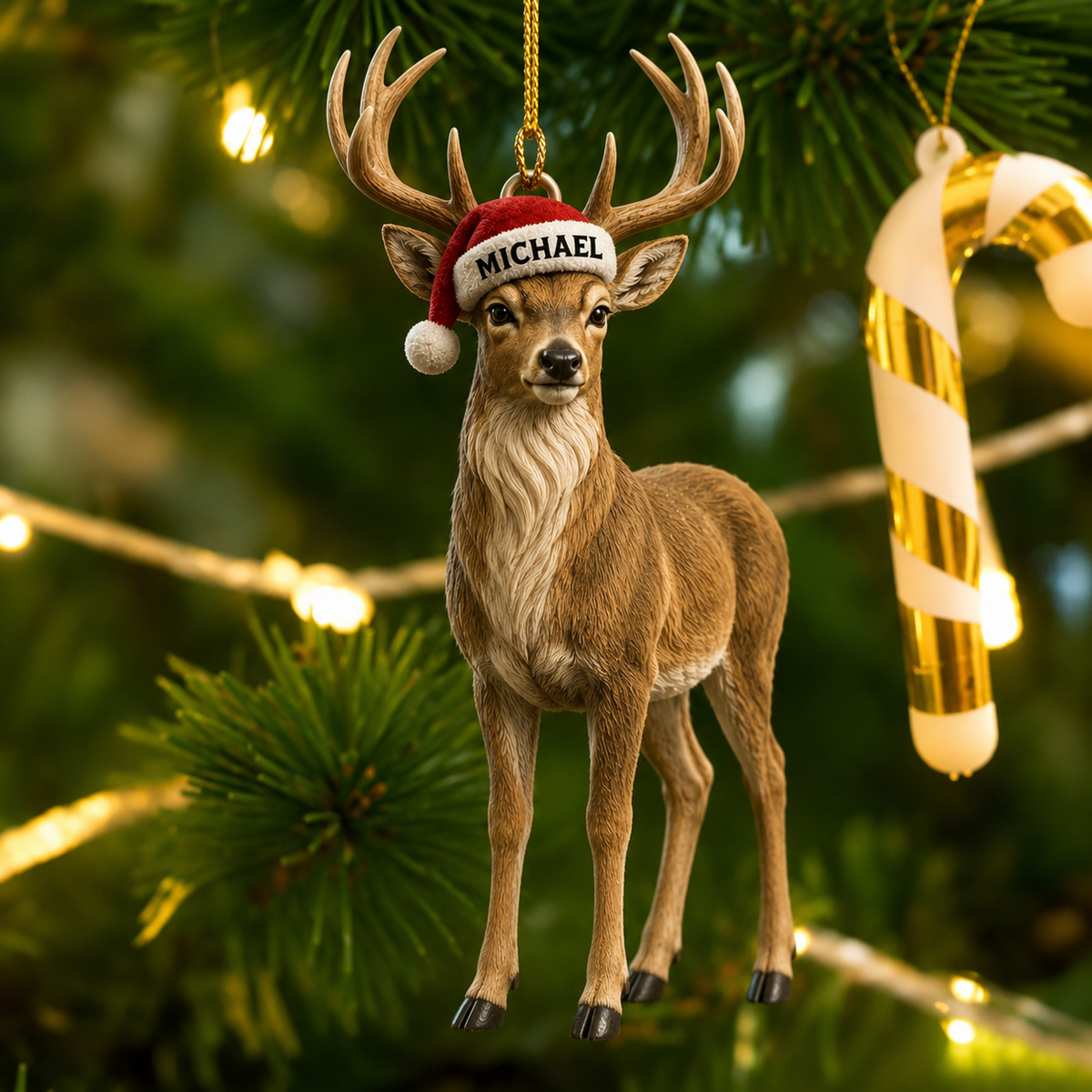 MollyTee Hunting Deer Santa Hat Christmas Customized Name 3D-Look Keychain And Ornament - image 1