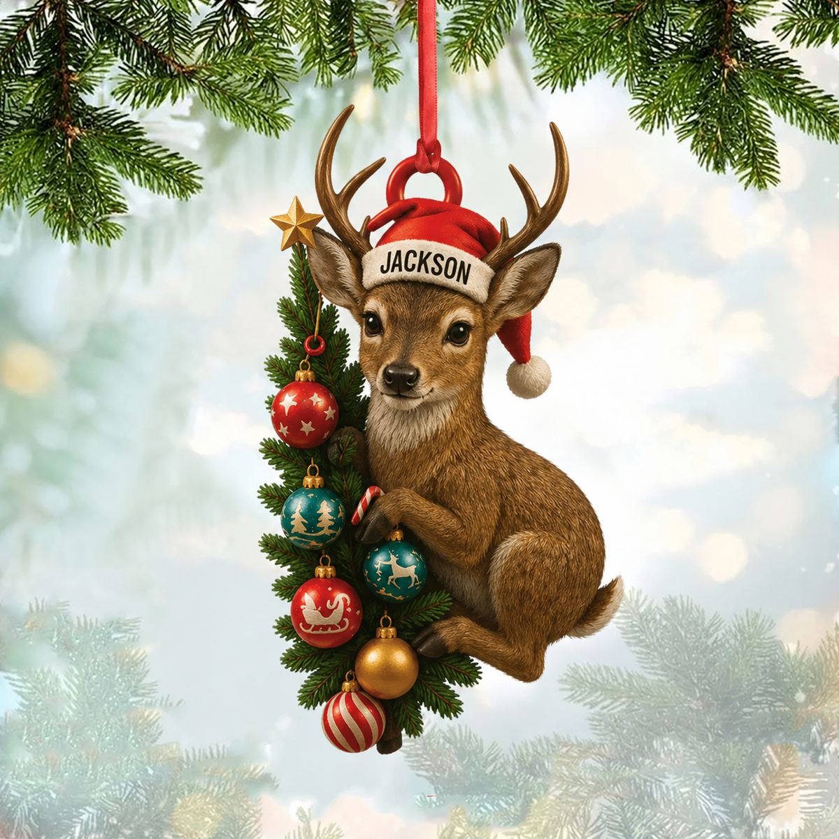 MollyTee Hunting Deer Hugging Christmas Tree Customized Name 3D-Look Keychain And Ornament - image 1