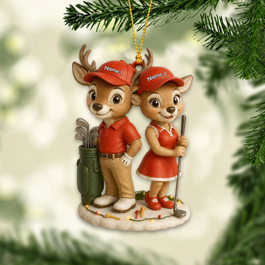 MollyTee Hunting Deer Golf Couple Customized Names 3D-Look Keychain And Ornament - image 1