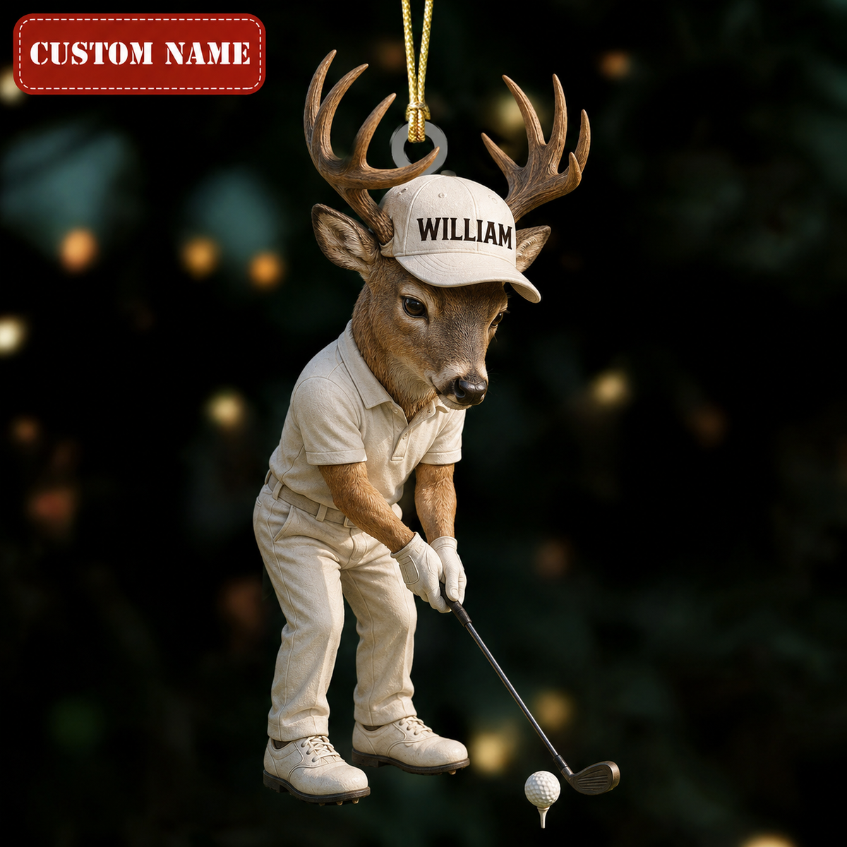 MollyTee Hunting Deer Playing Golf Customized Name 3D-Look Keychain And Ornament - image 1