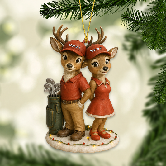 MollyTee Hunting Deer Golf Couple Red Outfit Customized Names 3D-Look Keychain And Ornament - image 1