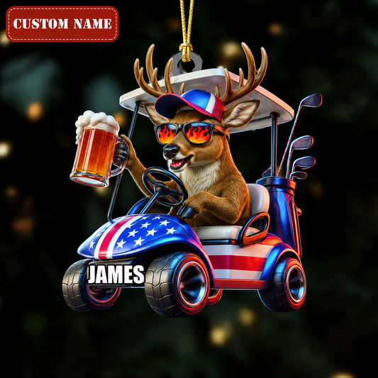 MollyTee Hunting Deer Driving American Flag Golf Cart With Beer Customized Name 3D-Look Keychain And Ornament - image 1