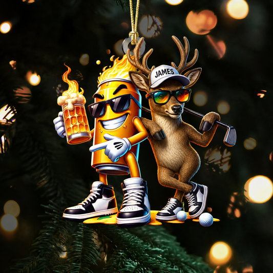 MollyTee Hunting Deer And Beer Can Golf Buddies Customized Name 3D-Look Keychain And Ornament - image 1