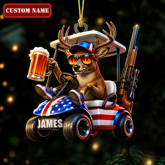 MollyTee Hunting Deer Driving American Flag Golf Cart With Beer And Rifles Customized Name 3D-Look Keychain And Ornament - image 1