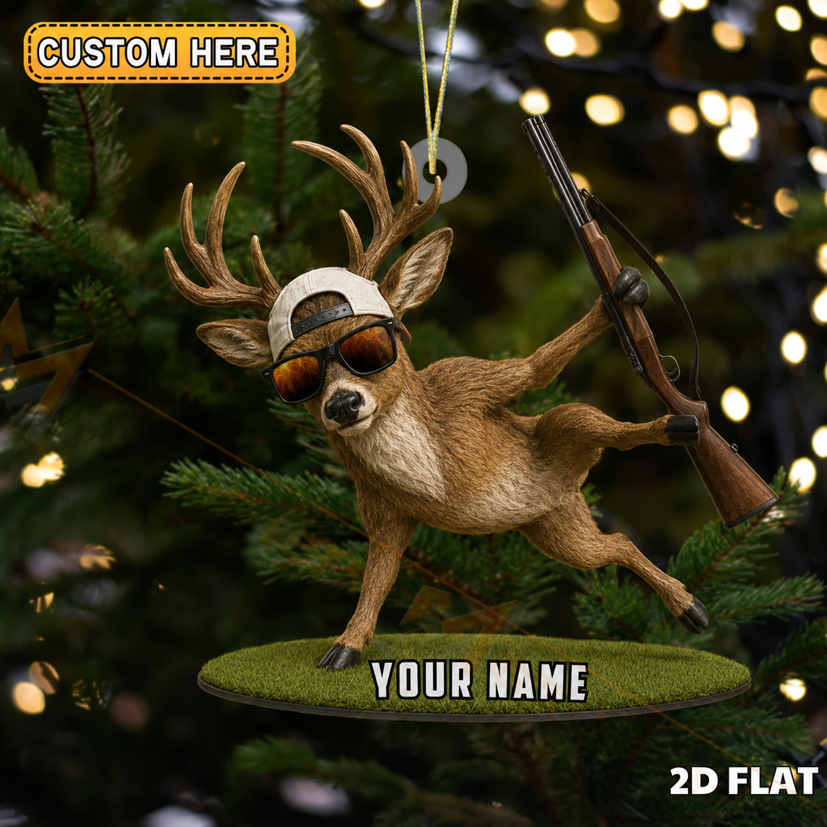 MollyTee Hunting Funny Deer With Rifle Pose Customized Name 3D-Look Keychain And Ornament - image 1