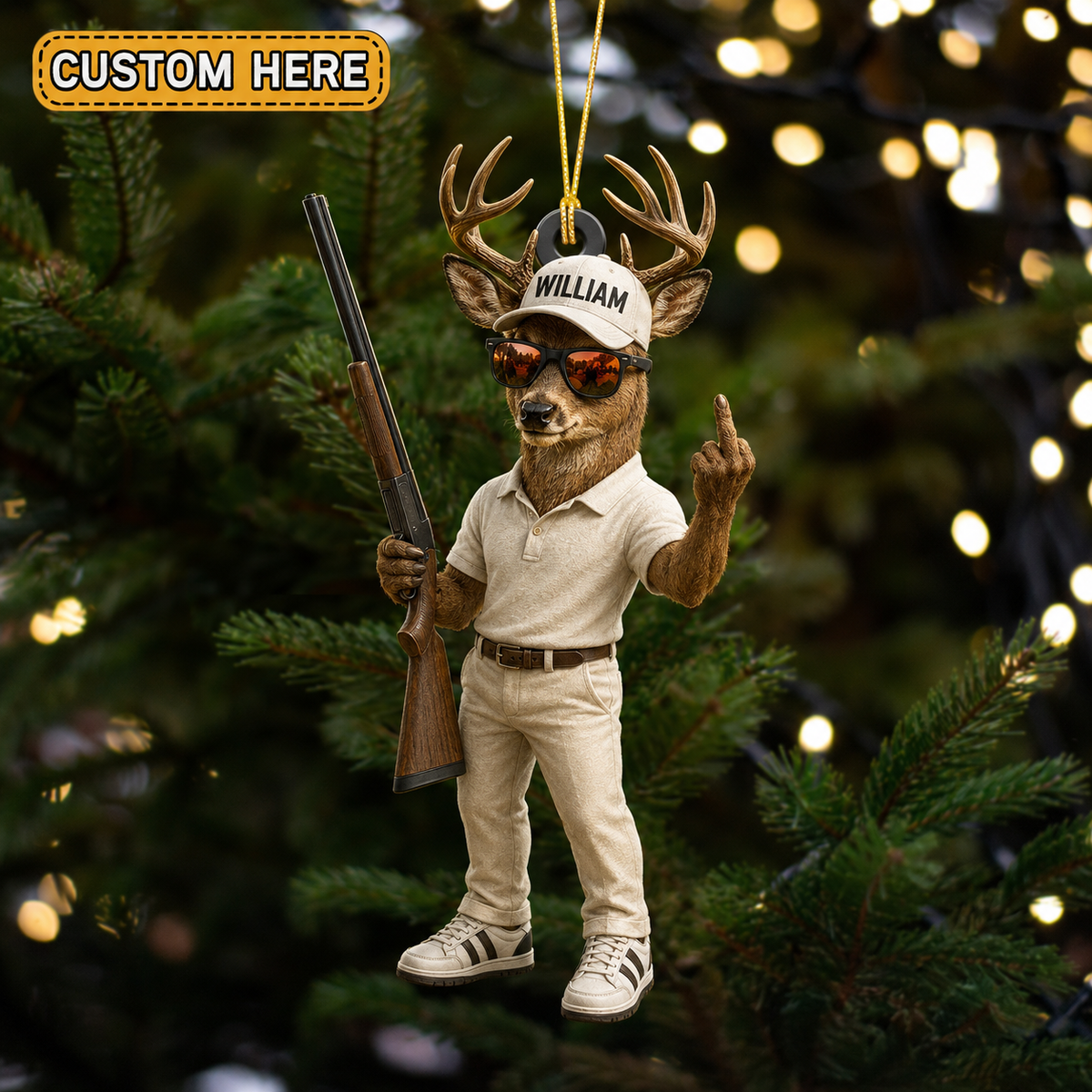 MollyTee Hunting Deer Hunter With Rifle White Outfit Customized Name 3D-Look Keychain And Ornament - image 1