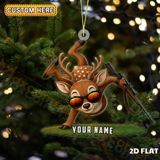 MollyTee Hunting Funny Deer Handstand With Rifle Customized Name 3D-Look Keychain And Ornament - image 1