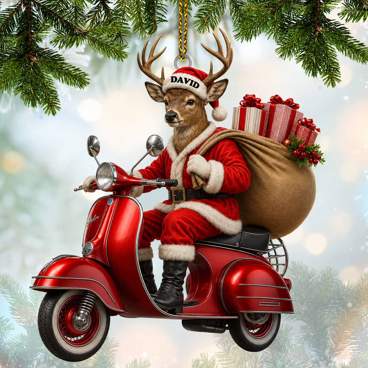MollyTee Hunting Deer Santa Riding Red Scooter With Gifts Customized Name 3D-Look Keychain And Ornament - image 1