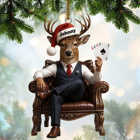 MollyTee Hunting Deer Playing Cards Santa Christmas Customized Name 3D-Look Keychain And Ornament - image 1