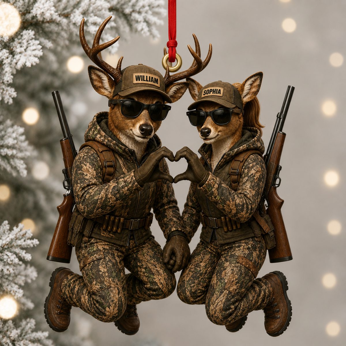 MollyTee Hunting Deer Couple Camouflage Hunters Heart Pose Customized Names 3D-Look Keychain And Ornament - image 1