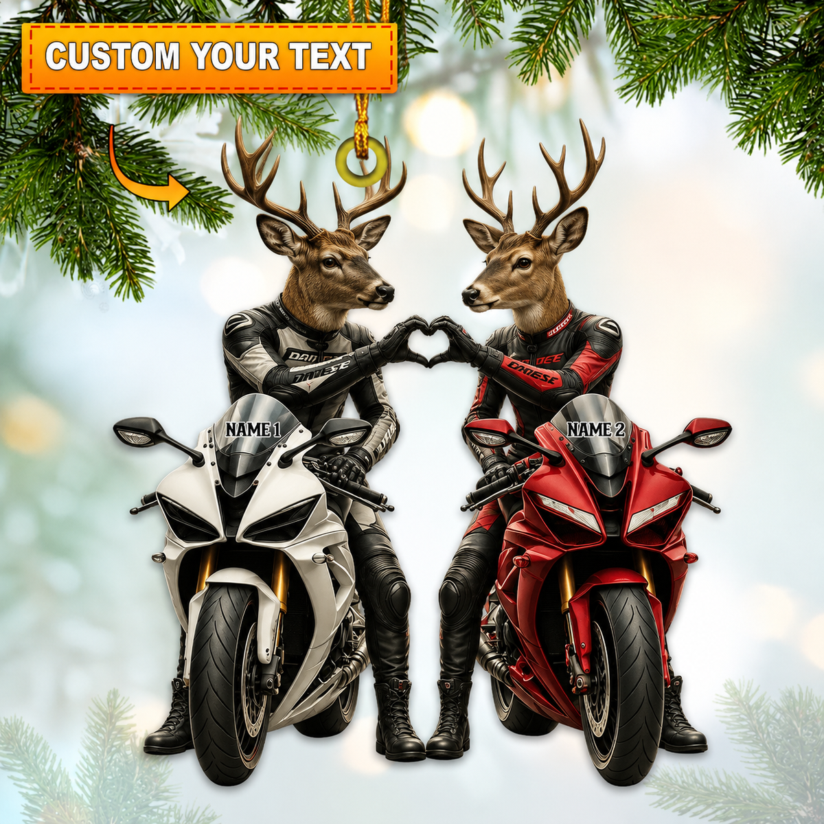 MollyTee Hunting Deer Couple Riding Sport Motorcycles Customized Names 3D-Look Keychain And Ornament - image 1