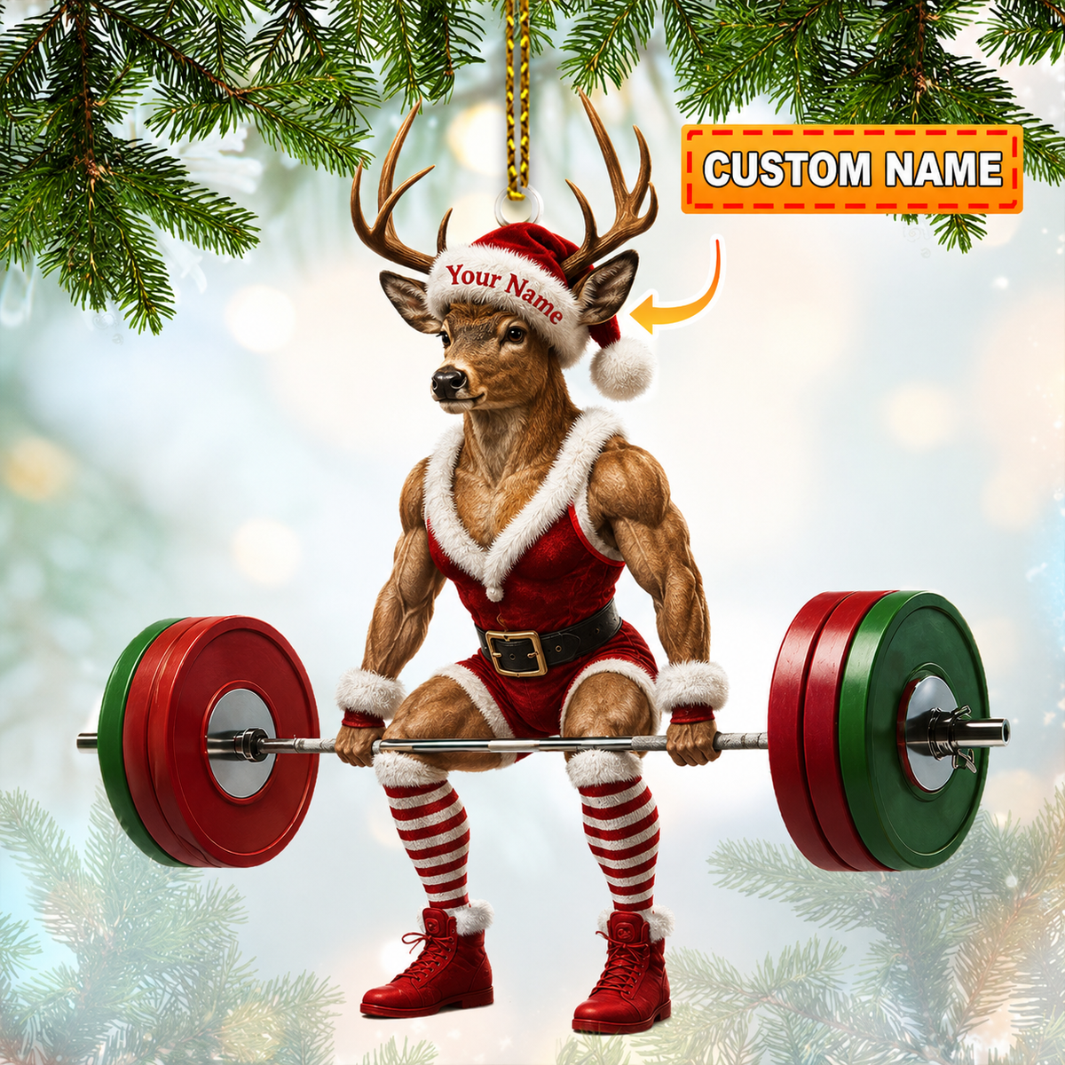 MollyTee Hunting Muscular Deer Weightlifting Santa Christmas Customized Name 3D-Look Keychain And Ornament - image 1