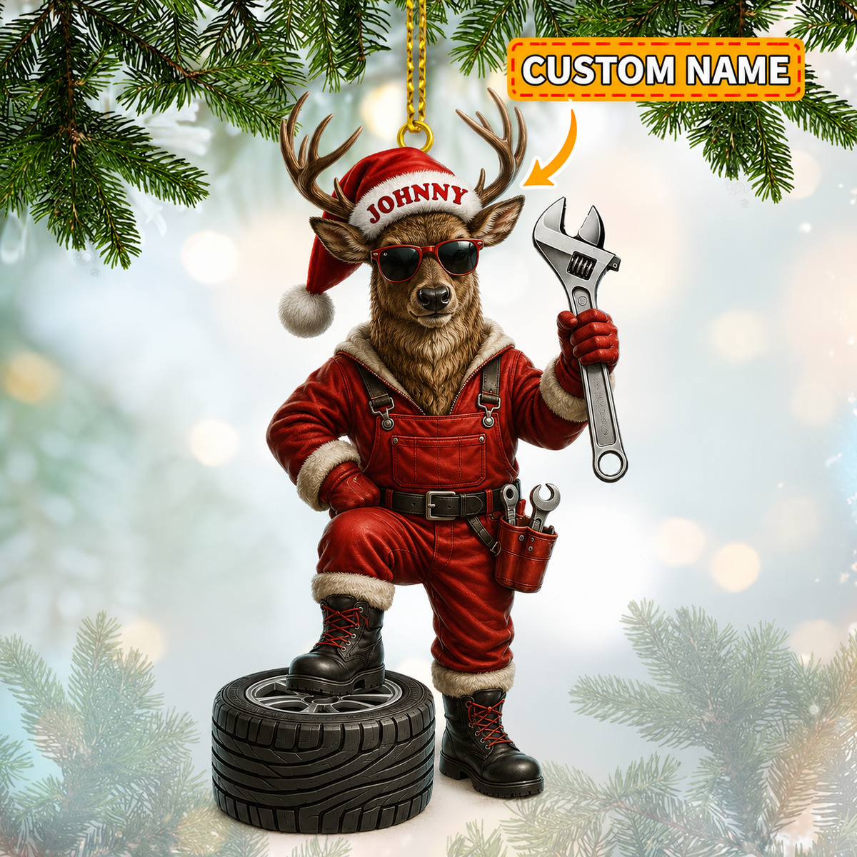 MollyTee Hunting Deer Mechanic Santa With Wrench Customized Name 3D-Look Keychain And Ornament - image 1