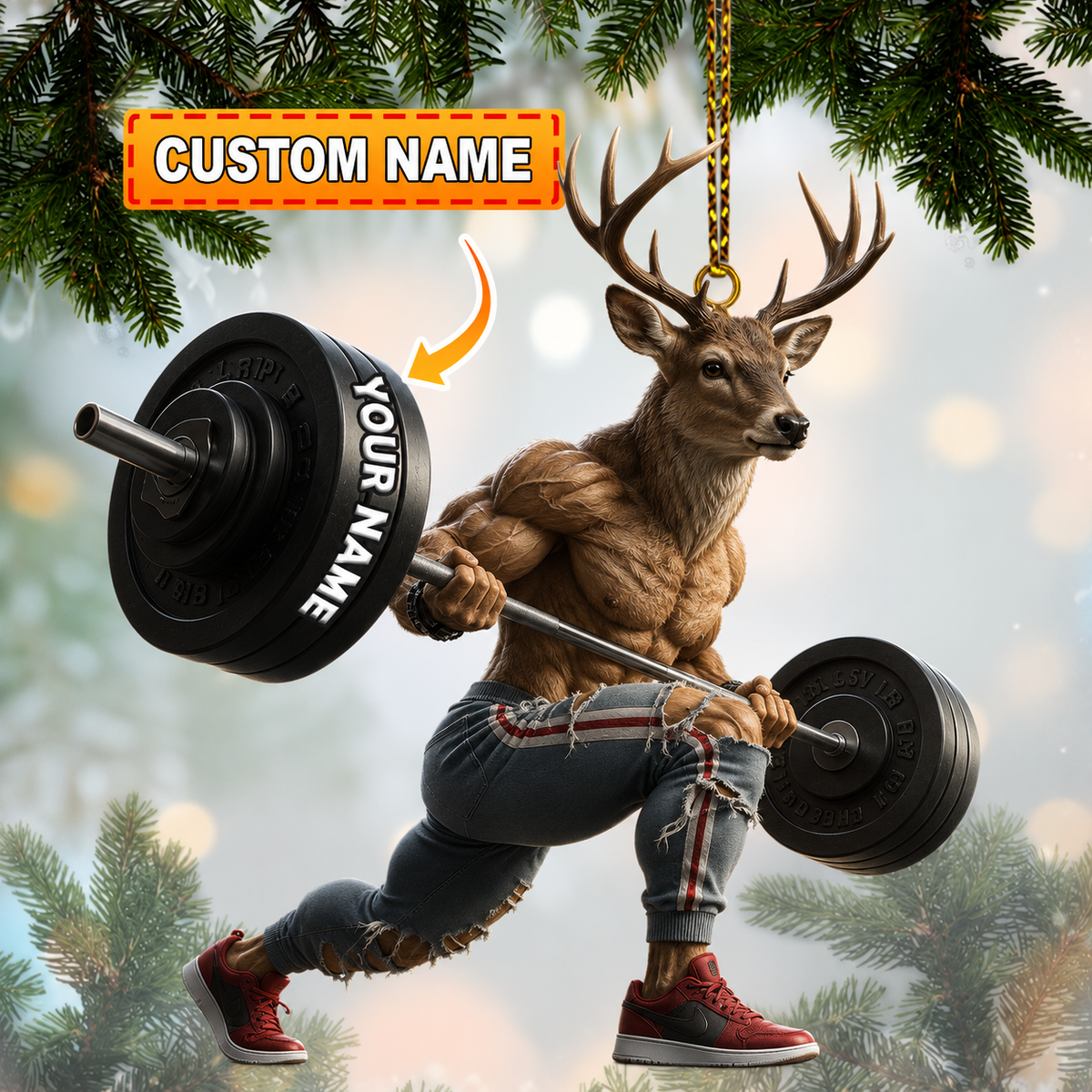 MollyTee Hunting Muscular Deer Weightlifting Customized Name 3D-Look Keychain And Ornament - image 1