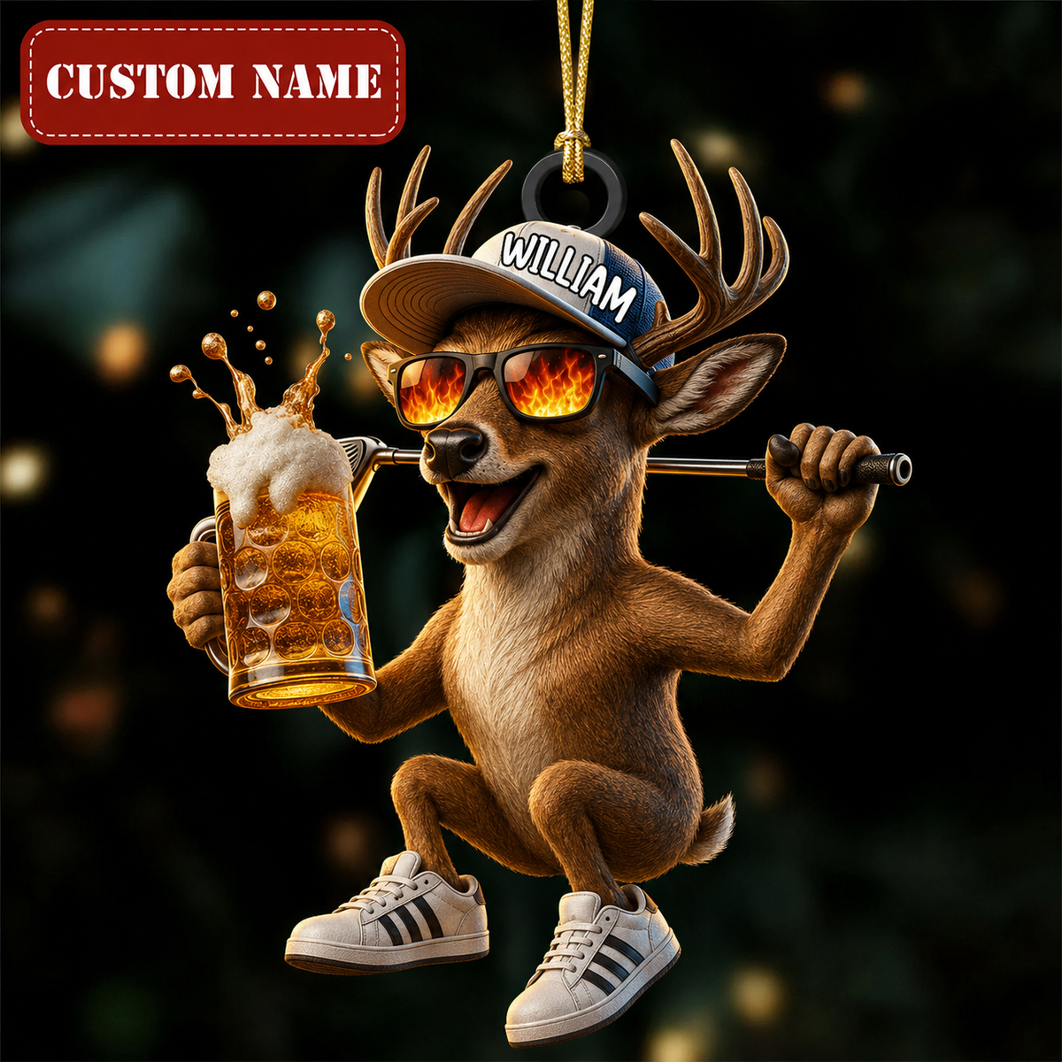 MollyTee Hunting Deer With Beer And Golf Club Customized Name 3D-Look Keychain And Ornament - image 1