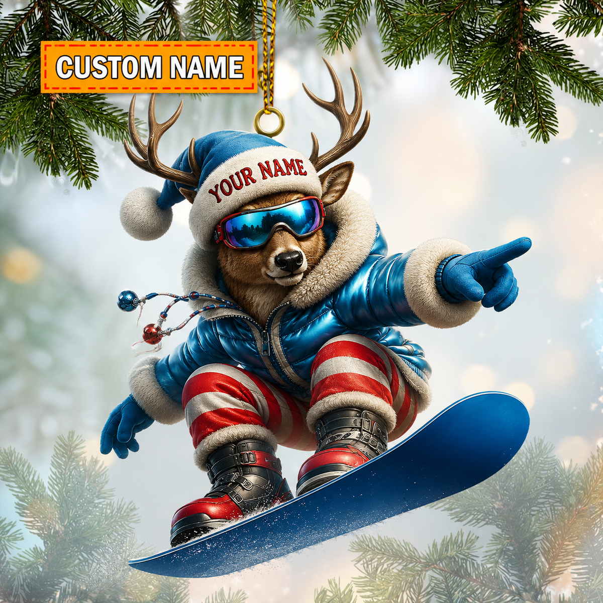 MollyTee Hunting Deer Snowboarder Santa Christmas Customized Name 3D-Look Keychain And Ornament - image 1