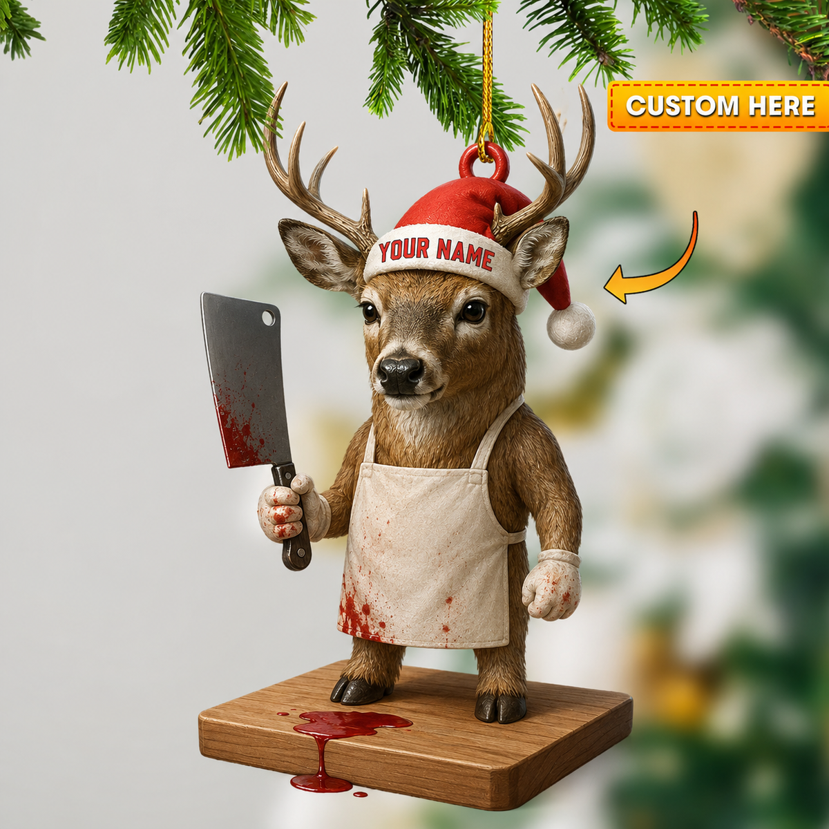 MollyTee Hunting Deer Butcher Santa Christmas Customized Name 3D-Look Keychain And Ornament - image 1