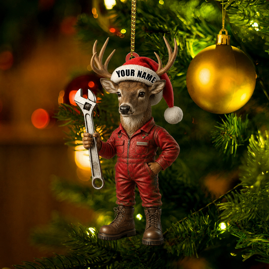 MollyTee Hunting Deer Mechanic Santa With Wrench Customized Name 3D-Look Keychain And Ornament 1 - image 1