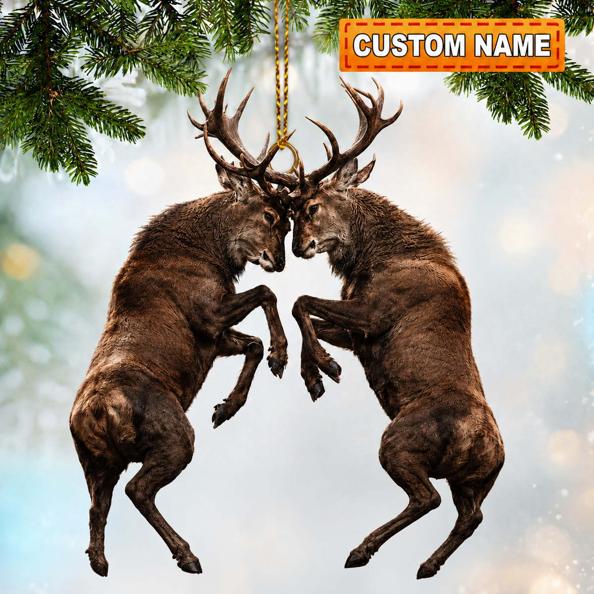 MollyTee Hunting Deer Couple Fighting Antlers Customized Name 3D-Look Keychain And Ornament - image 1