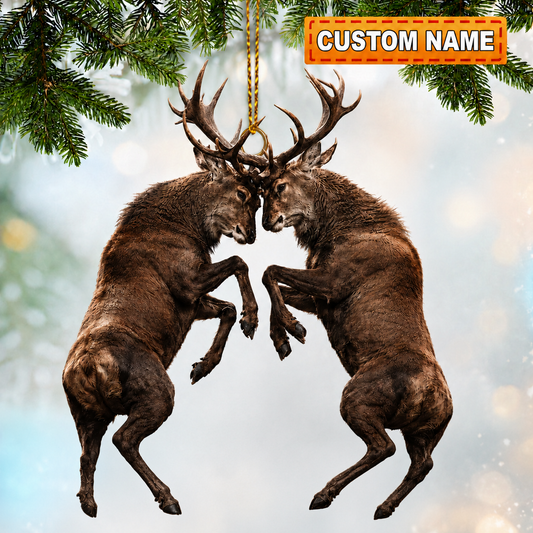 MollyTee Hunting Deer Couple Fighting Antlers Customized Name 3D-Look Keychain And Ornament - image 1