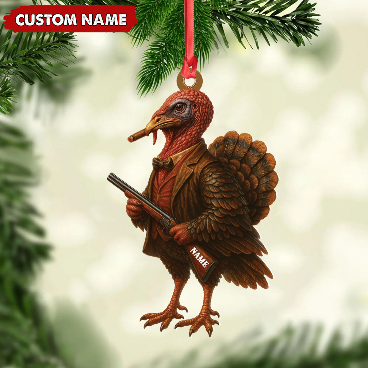 MollyTee Personalized Funny Turkey Hunter Ornament, Dapper Gobbler with Gun Christmas Decor, Unique Gag Gift for Hunters and Men - image 2