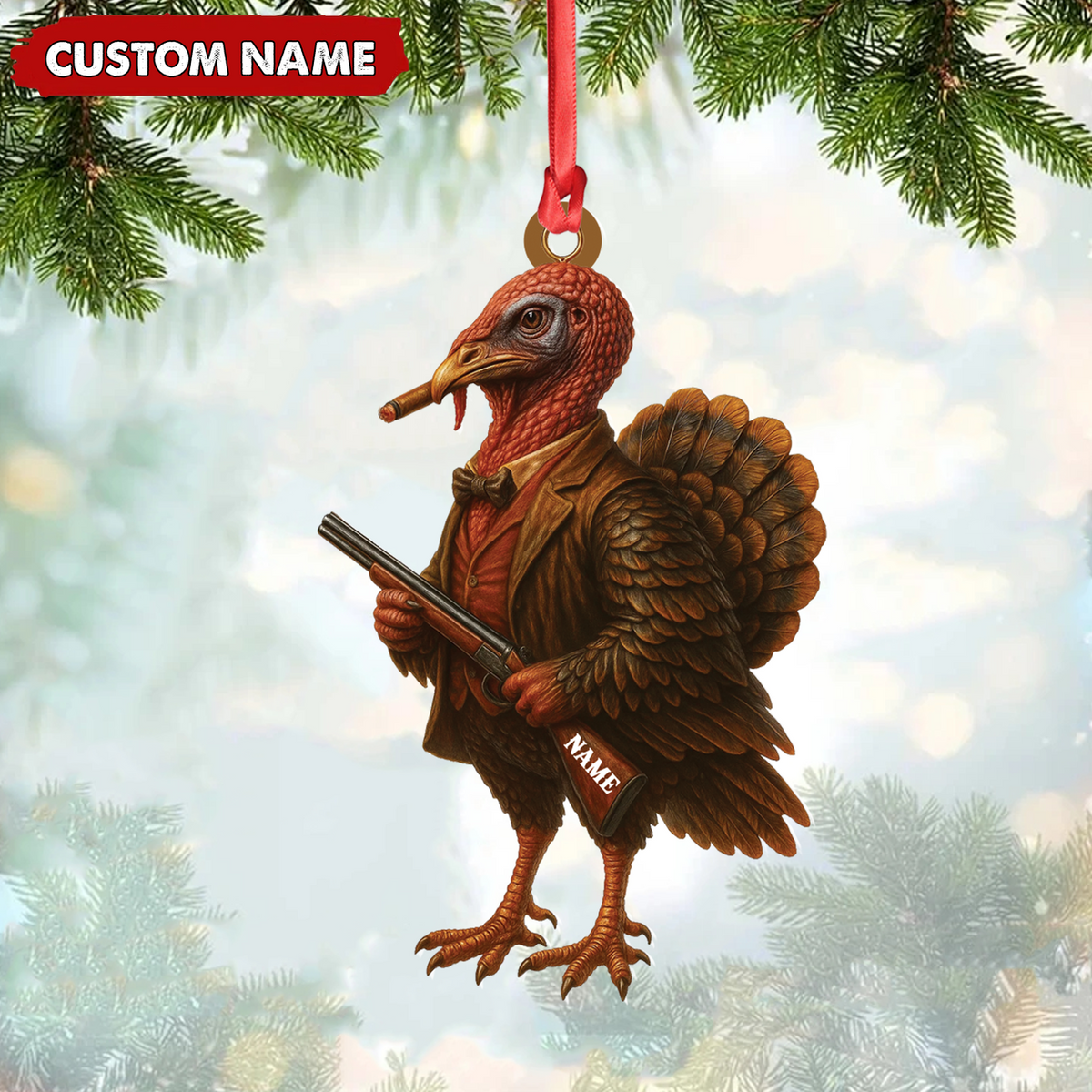MollyTee Personalized Funny Turkey Hunter Ornament, Dapper Gobbler with Gun Christmas Decor, Unique Gag Gift for Hunters and Men - image 1
