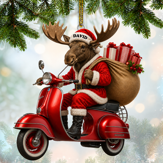 MollyTee Hunting Santa Moose Riding Red Scooter Customized Name 3D-Look Keychain And Ornament - image 1