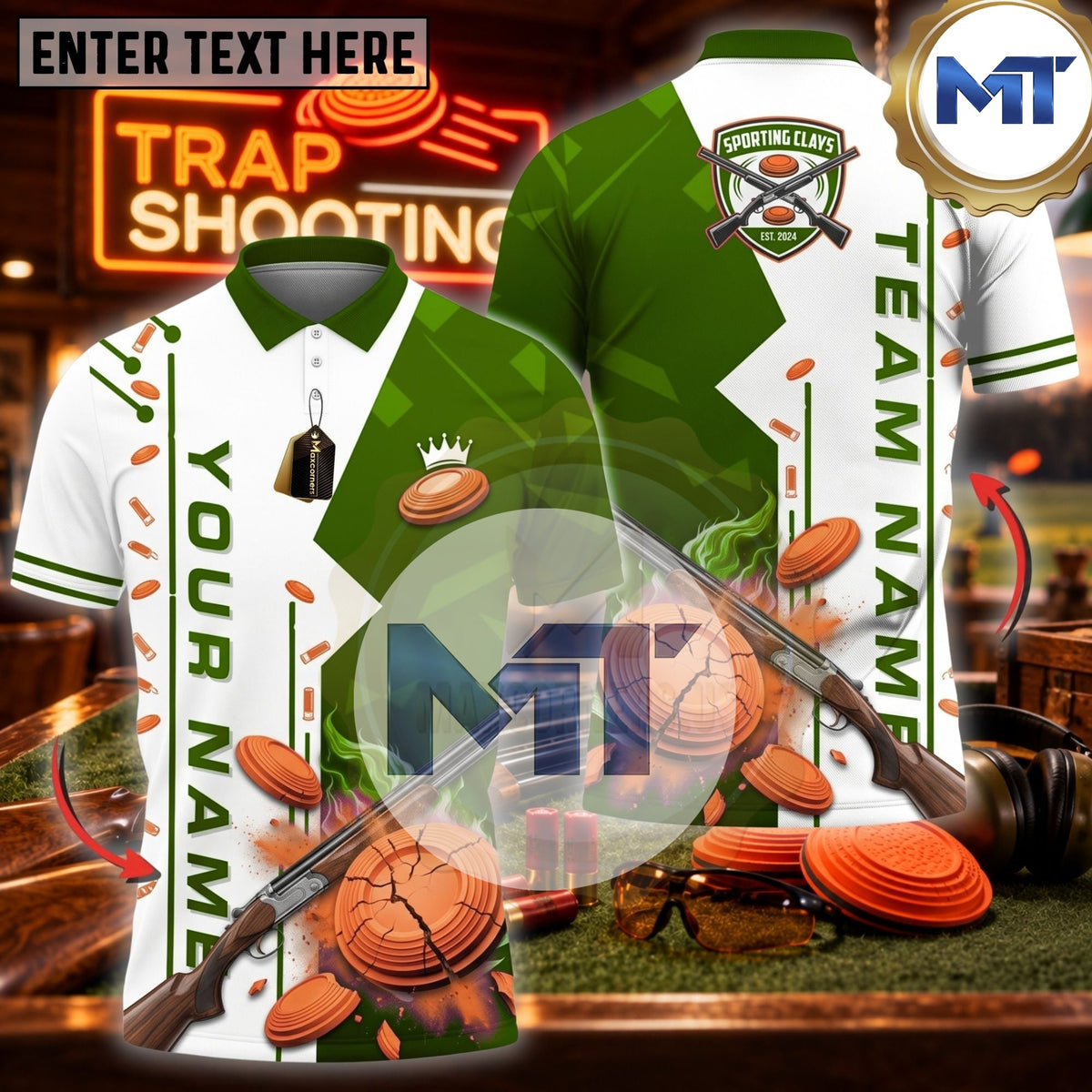 Shotgun Patriotic Target Graphic Trap Skeet Shooting Shirt - Green