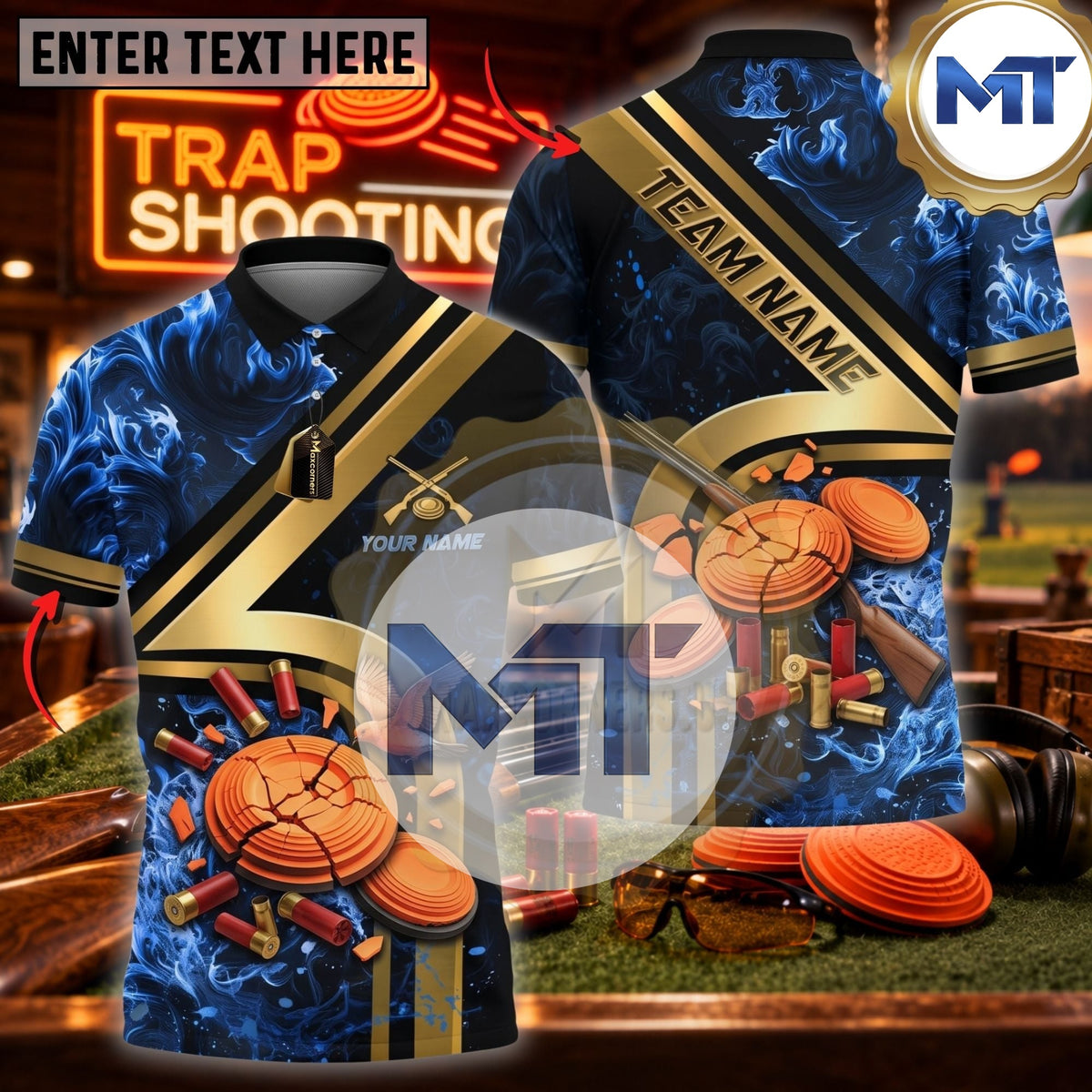 Shotgun Clay Target Range Graphic Trap Skeet Shooting Shirt - Blue