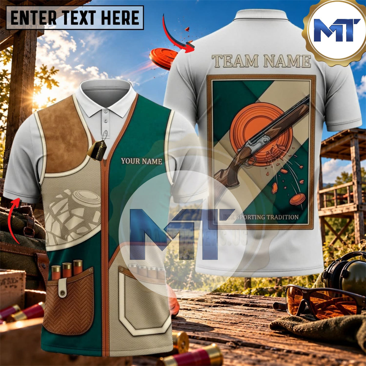 Vintage Patchwork Shotgun Target Trap Skeet Shooting Shirt - Cyan