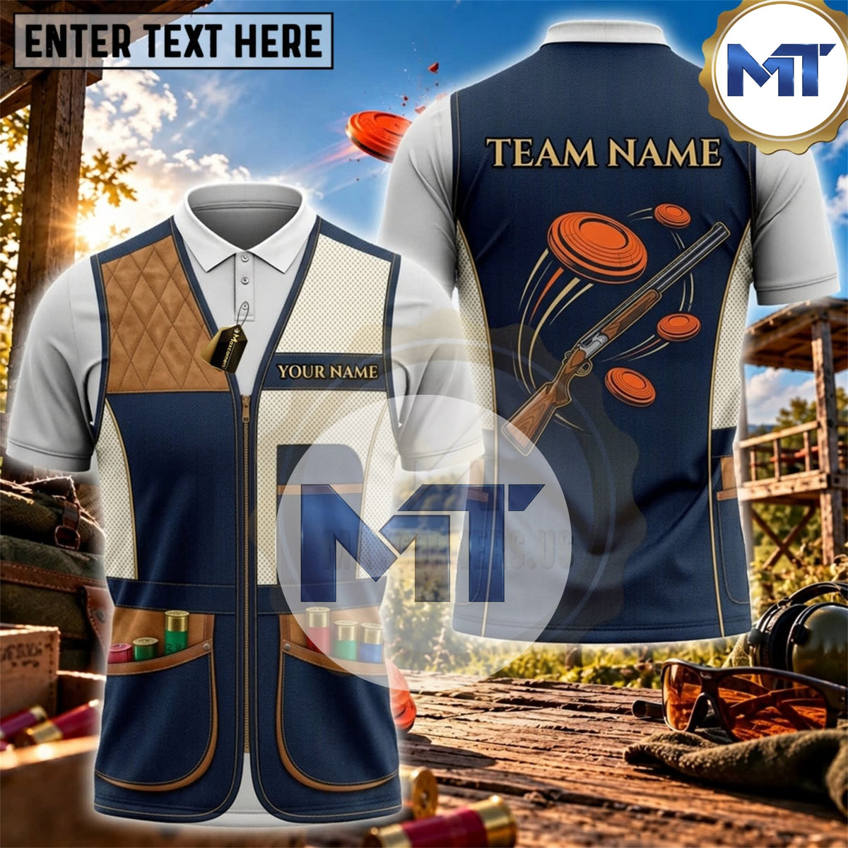 Blue Patchwork Clay Target Vest Trap Skeet Shooting Shirt - Blue