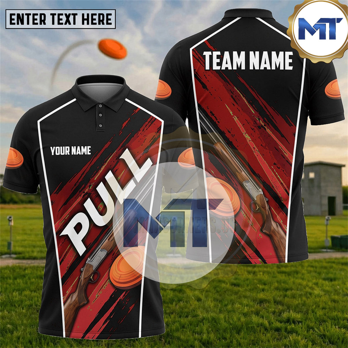 Pull Clay Targets Diagonal Speed Pattern Trap Skeet Shooting Shirt - Red