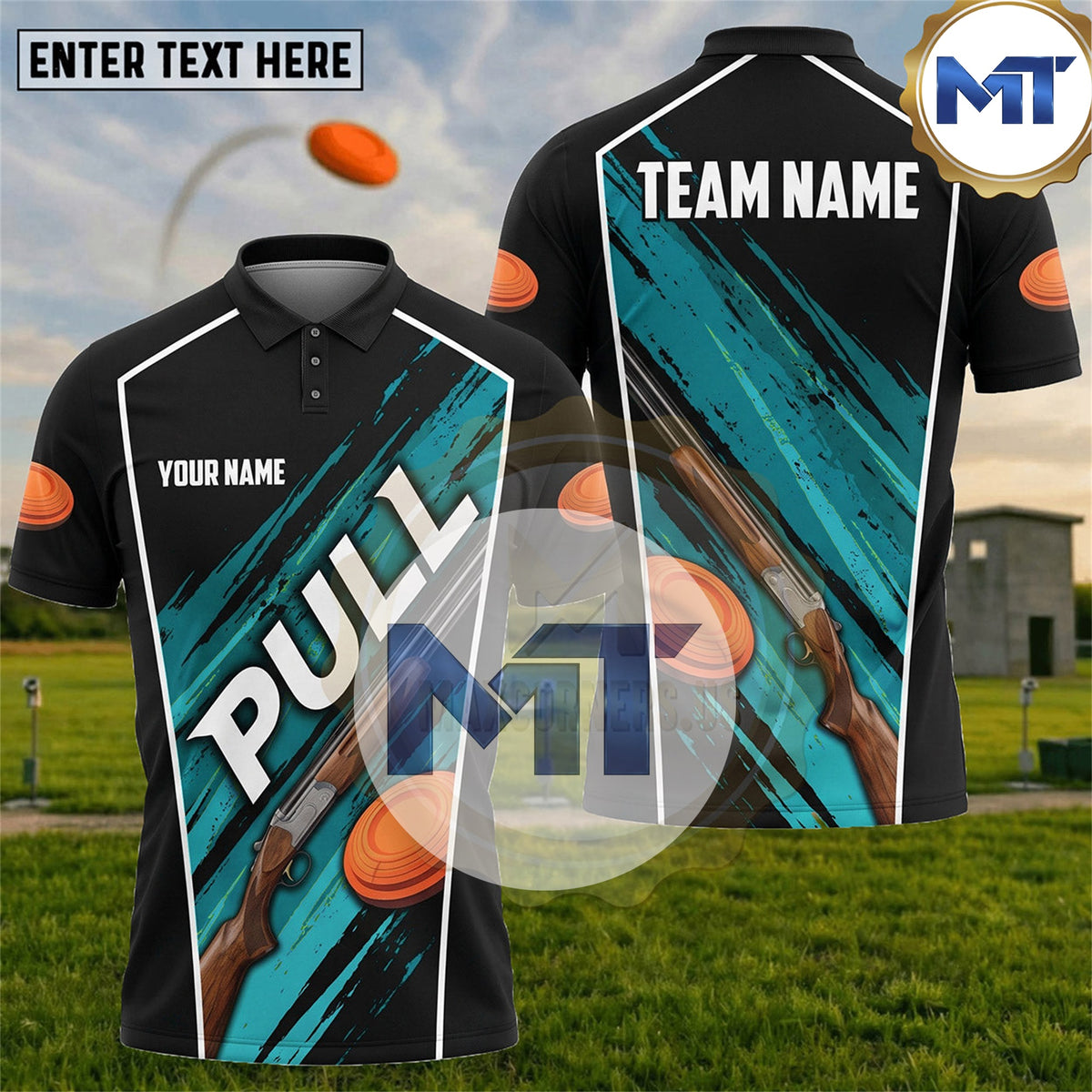 Pull Clay Targets Diagonal Speed Pattern Trap Skeet Shooting Shirt - Cyan