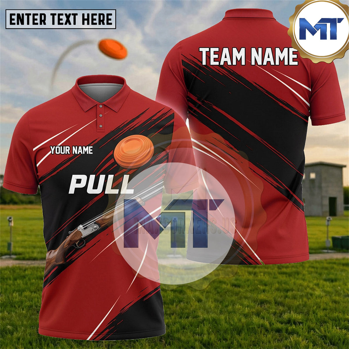 Pull Shotgun Clay Target Minimal Slash Trap Skeet Shooting Shirt - Red