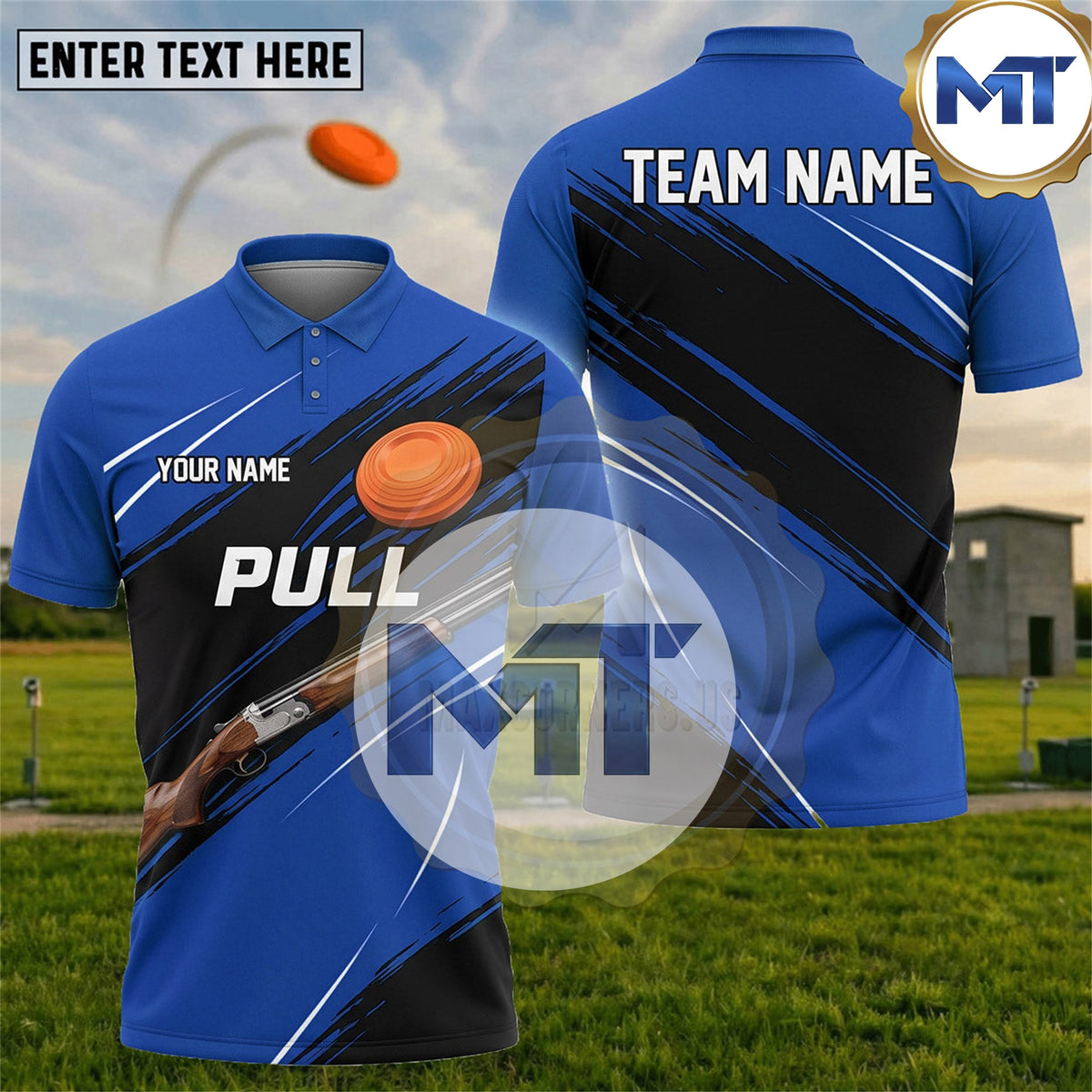 Pull Shotgun Clay Target Minimal Slash Trap Skeet Shooting Shirt - Blue