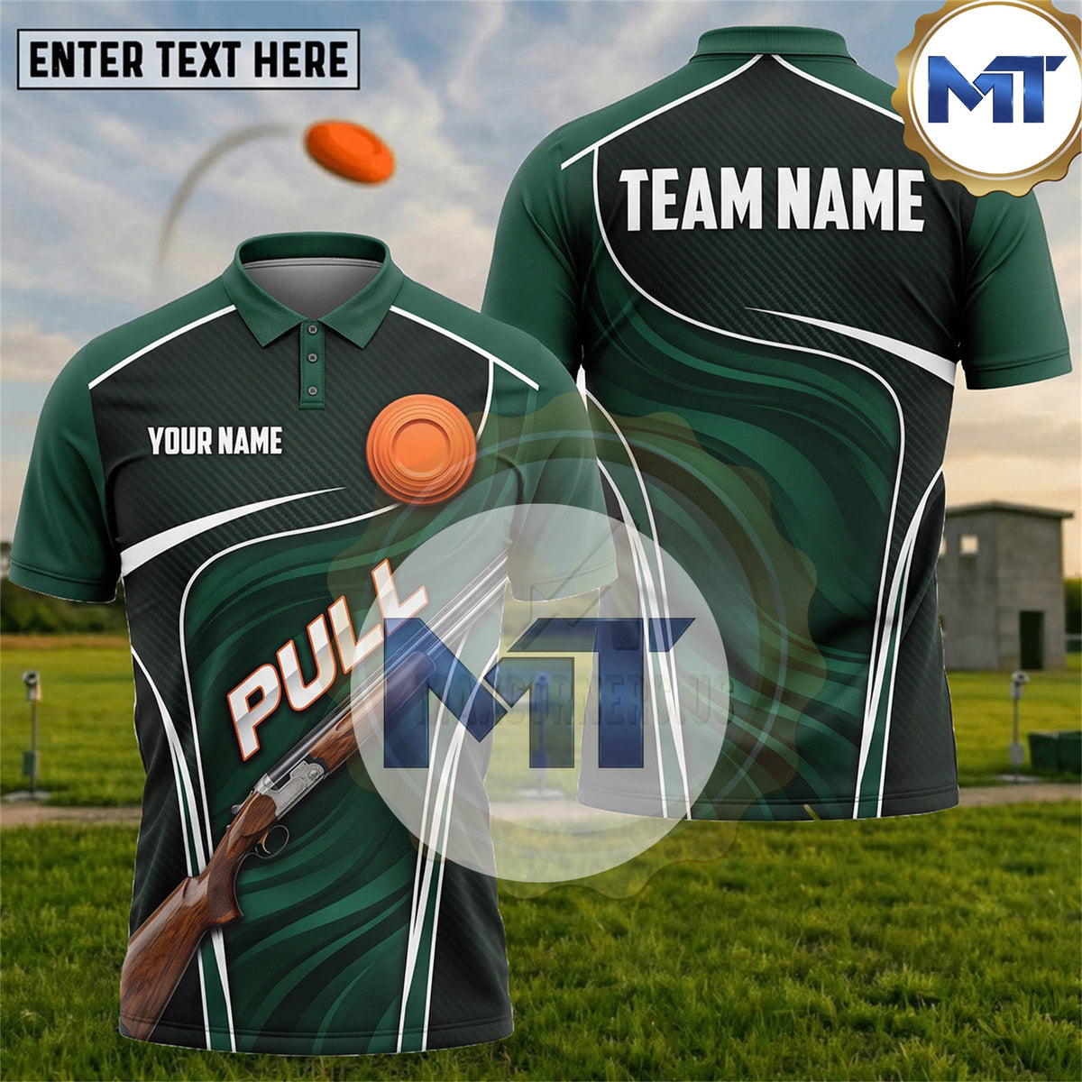 Pull Shotgun Clay Target Flowing Lines Trap Skeet Shooting Shirt - Green